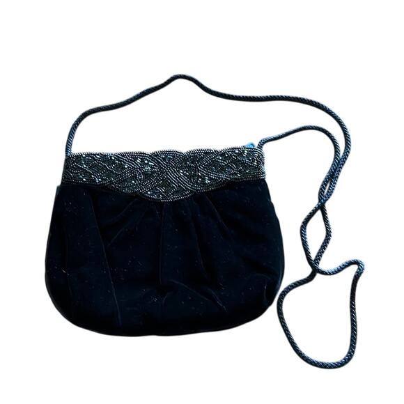 Vintage Black Velvet Beaded Evening Bag Purse - Picture 1 of 7